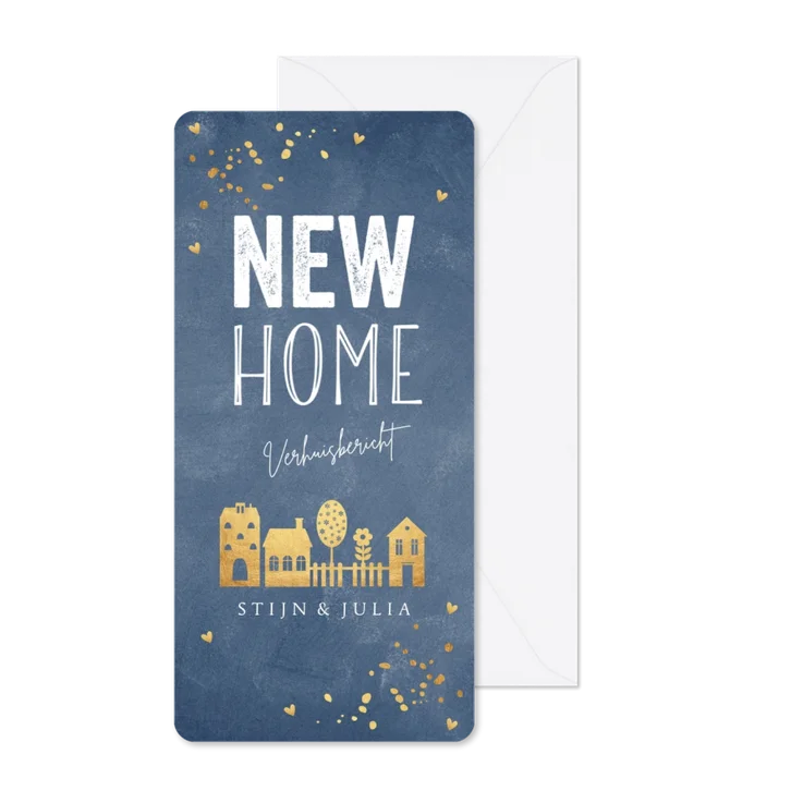 Verhuiskaart langwerpig blauw goudlook huisjes