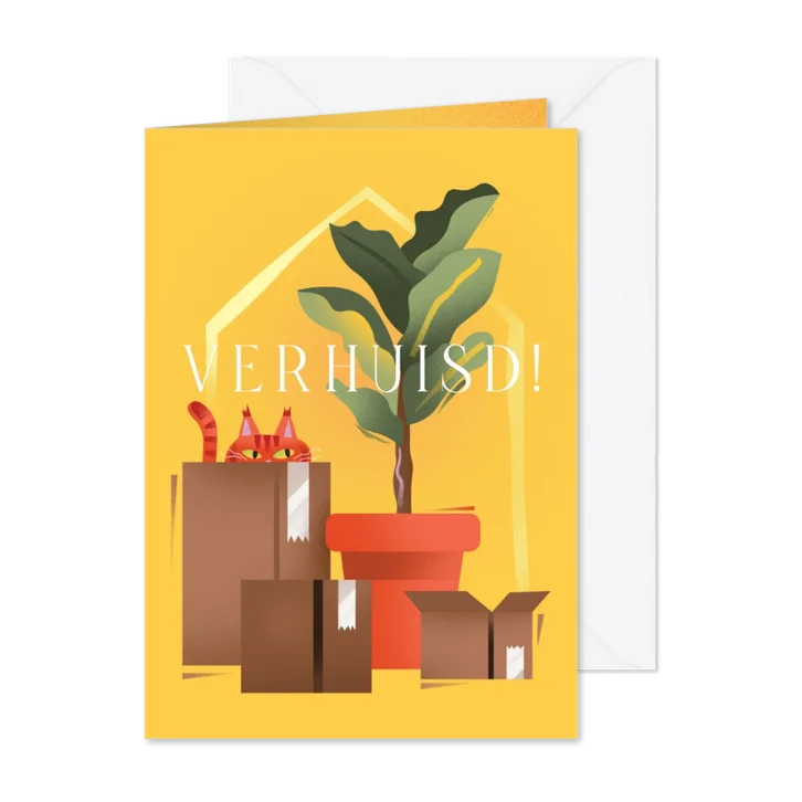 Verhuiskaart met dozen planten en kat