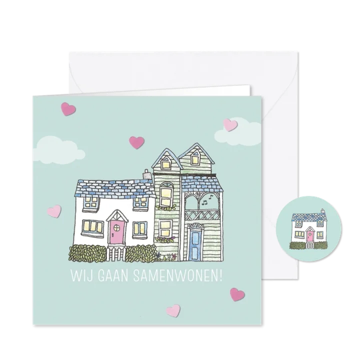 Verhuiskaart met hartjes en twee schattige huisjes