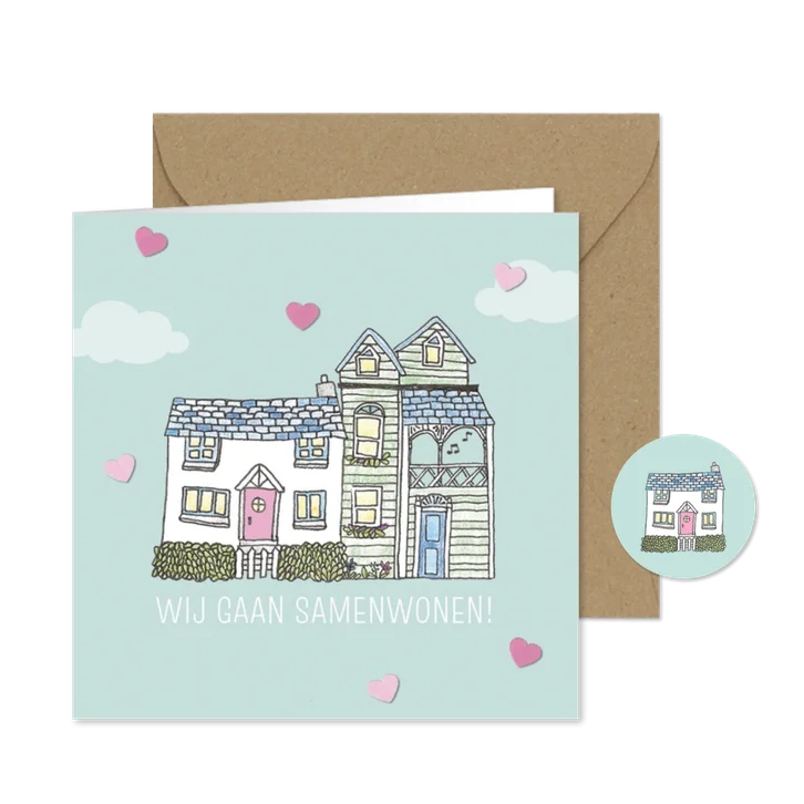 Verhuiskaart met hartjes en twee schattige huisjes