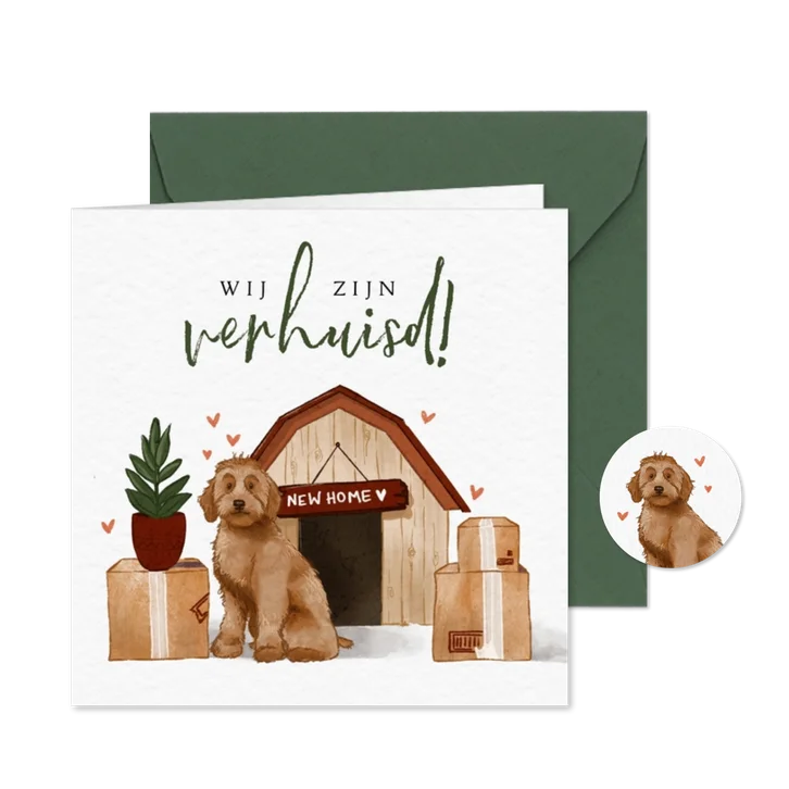 Verhuiskaart met hond tussen de verhuisdozen