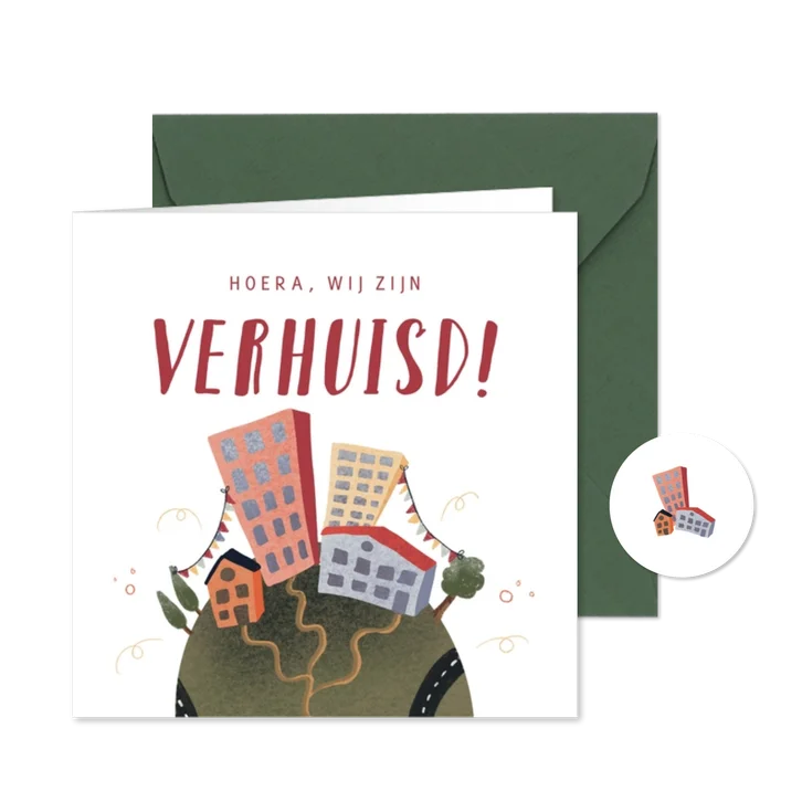 Verhuiskaart met huizen en flats en slingers