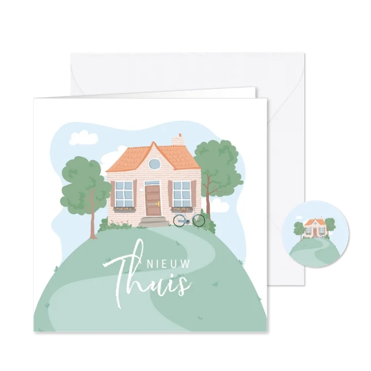 Verhuiskaart met illustratie van een huis op een berg.