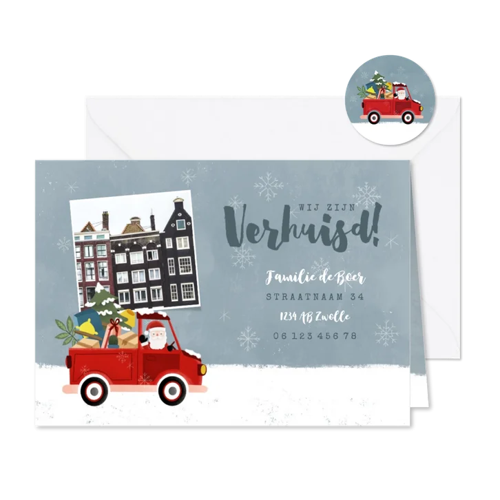 Verhuiskaart met kerstman in pick up truck en eigen foto