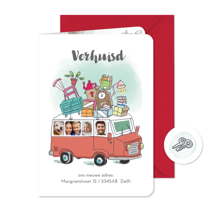Verhuiskaart met oldtimer bus en foto's