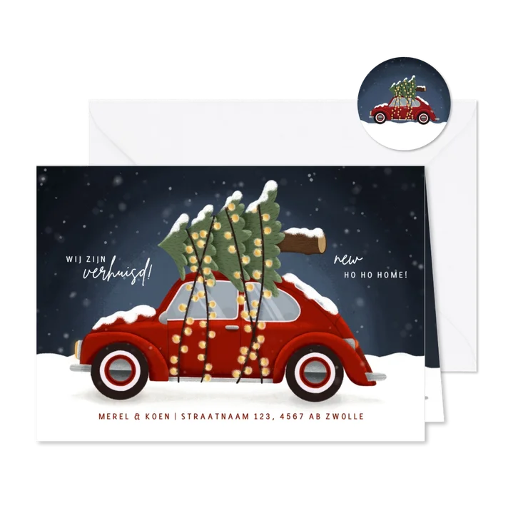 Verhuiskaart met rode Kever met kerstboom op het dak