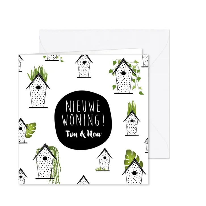 Verhuiskaart met vogelhuisjes en groene planten