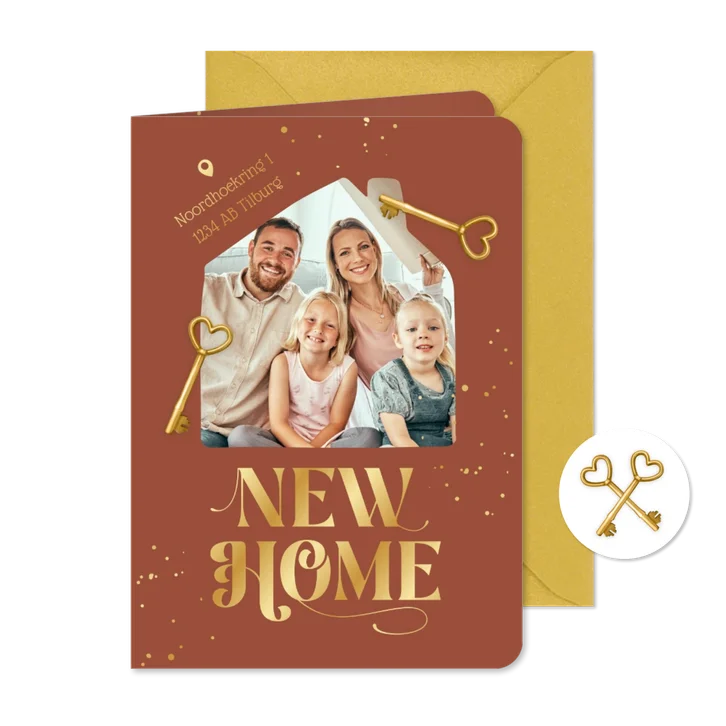 Verhuiskaart new home sleutel huis foto goud