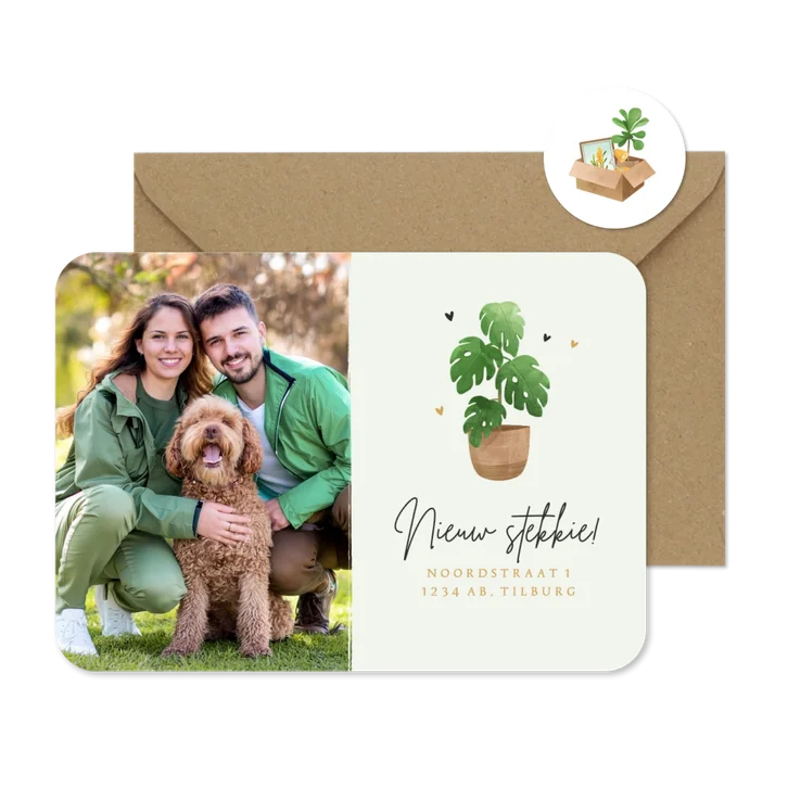 Verhuiskaart nieuw stekkie plantje hartjes foto verhuisdoos