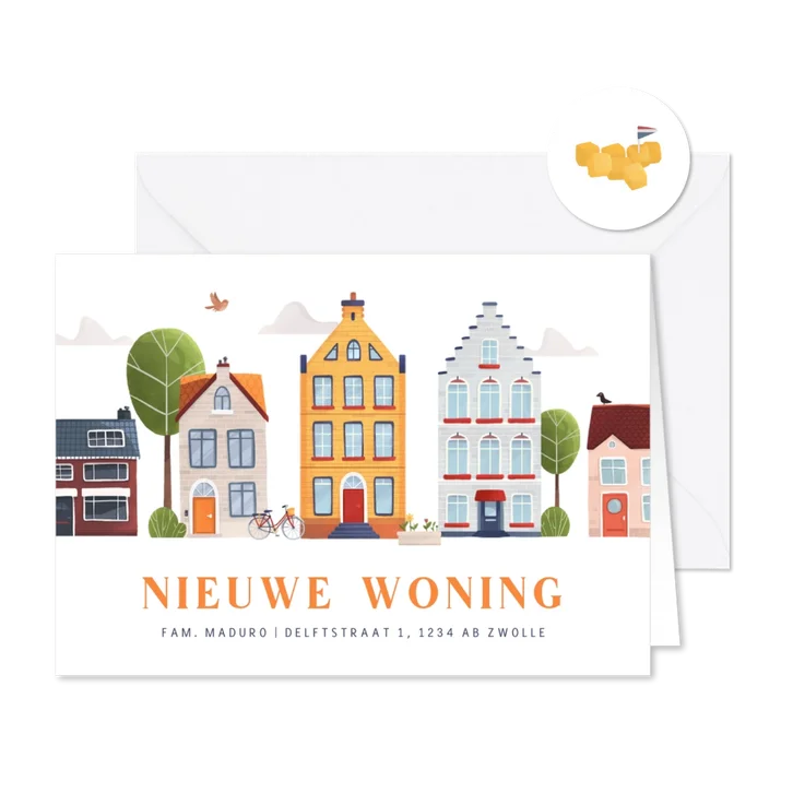 Verhuiskaart nieuwe woning huisjes vrolijk Nederland