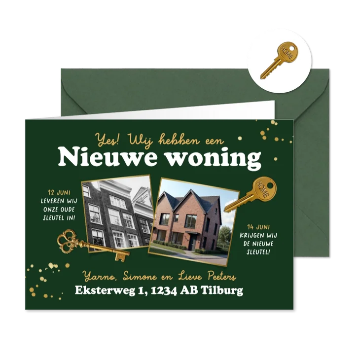 Verhuiskaart nieuwe woning oud nieuw sleutel foto's goud