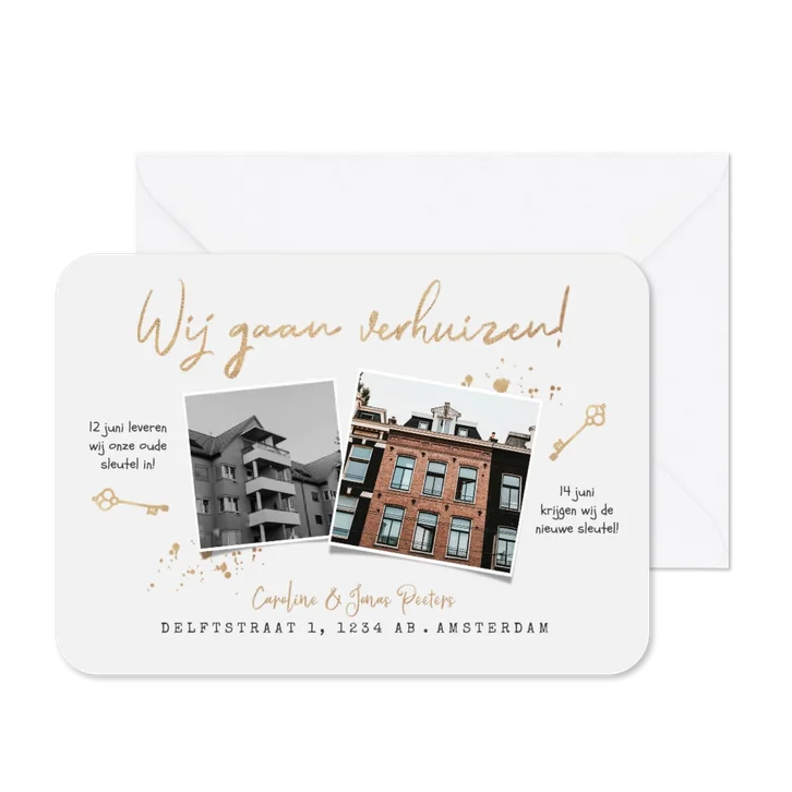 Verhuiskaart oude en nieuwe huis sleutel goud verhuizen