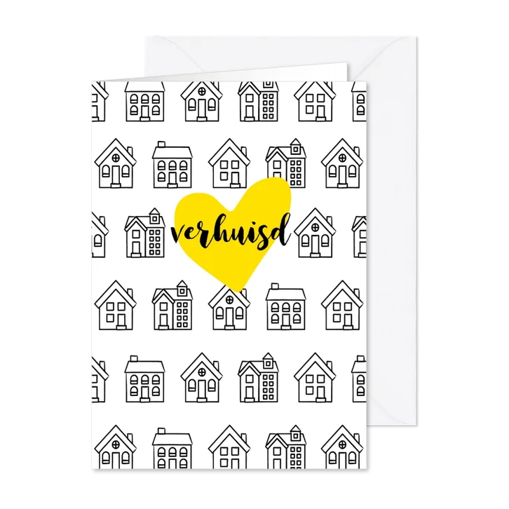  Verhuiskaart rechthoekig met getekende zwart-witte huisjes