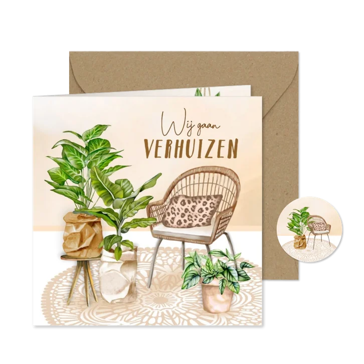 Verhuiskaart rotan stoel met planten
