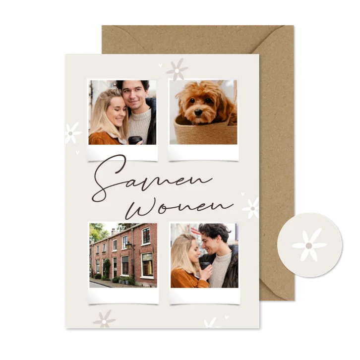 Verhuiskaart samenwonen fotocollage beige bloemetjes