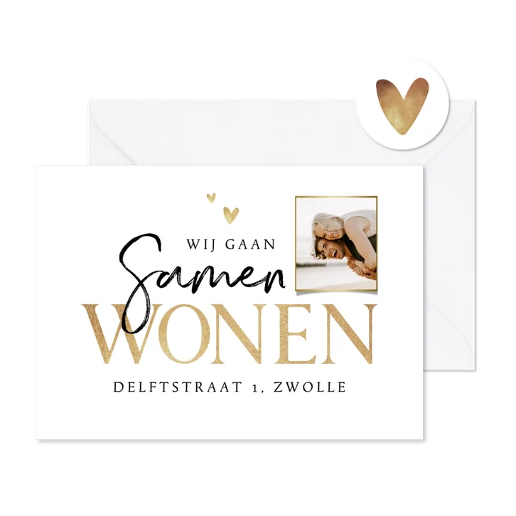 Verhuiskaart samenwonen goud stijlvol foto hartjes