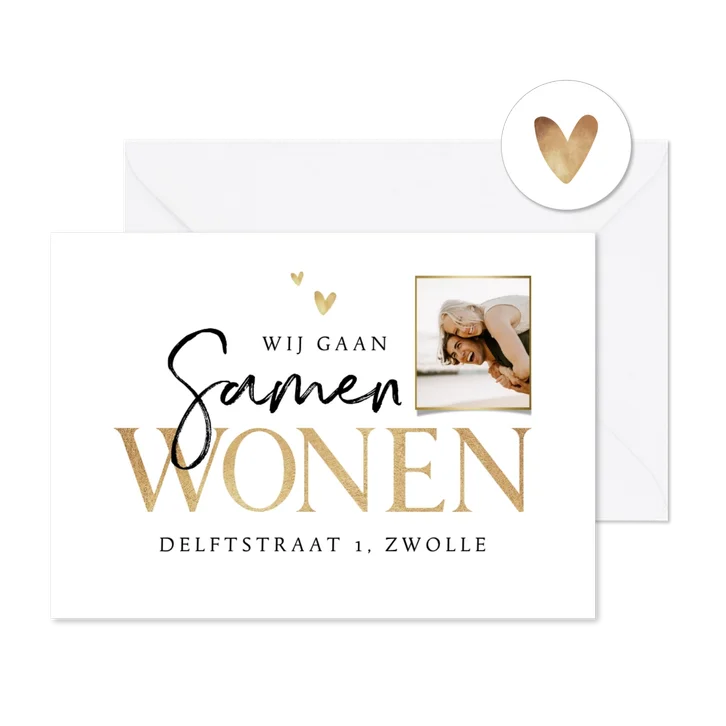 Verhuiskaart samenwonen goud stijlvol foto hartjes