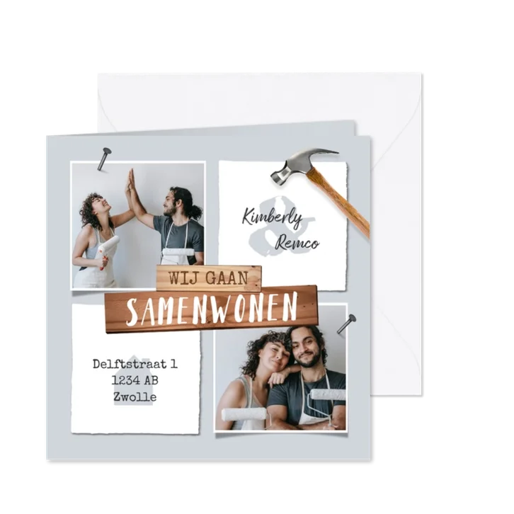 Verhuiskaart samenwonen hout gereedschap foto's