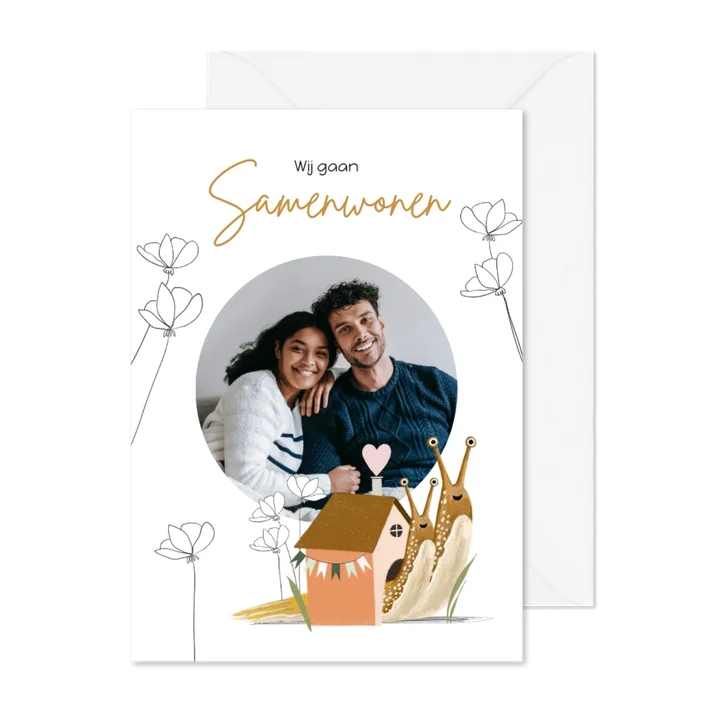 Verhuiskaart samenwonen met vrolijke illustratie en foto