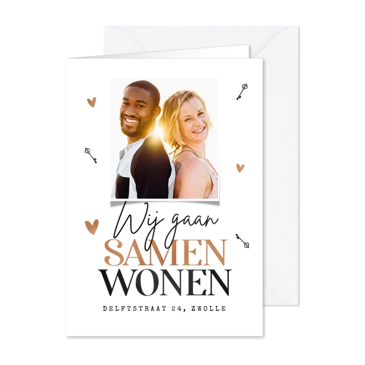 Verhuiskaart samenwonen roségoud stijlvol hartjes