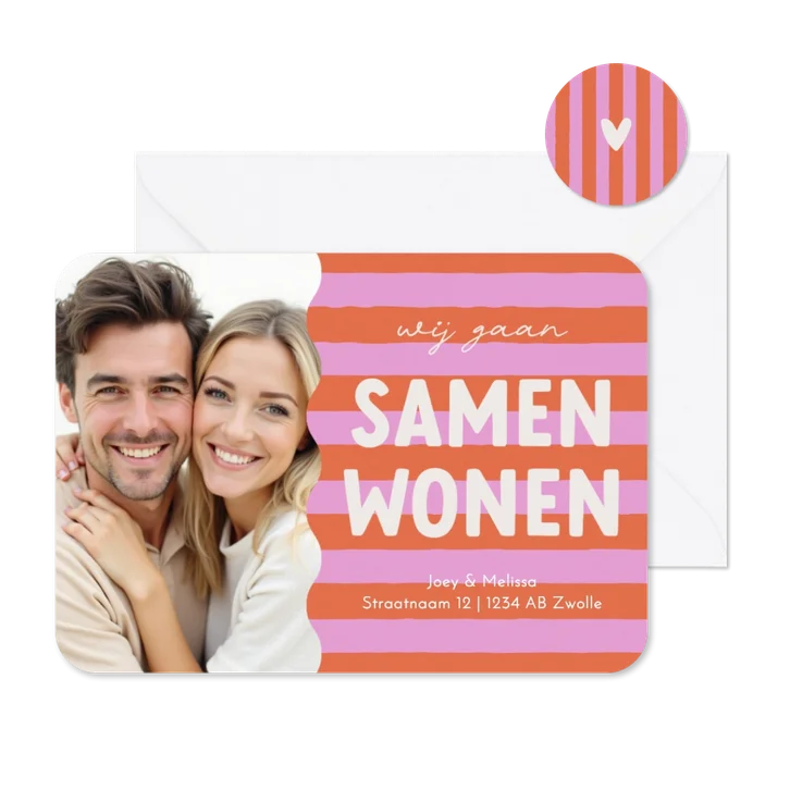 Verhuiskaart samenwonen roze oranje strepen met grote foto
