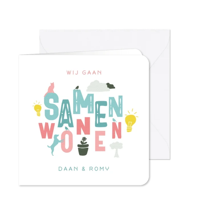 Verhuiskaart samenwonen typografisch en iconen