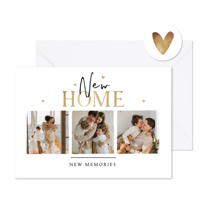 Verhuiskaart stijlvol fotocollage hartjes memories new home