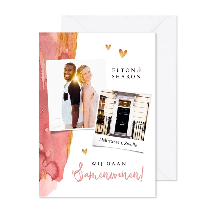 Verhuiskaart stijlvol roze verf goud hartjes foto's