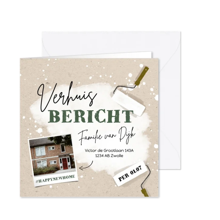 Verhuiskaart verhuisbericht met verfroller en spetters