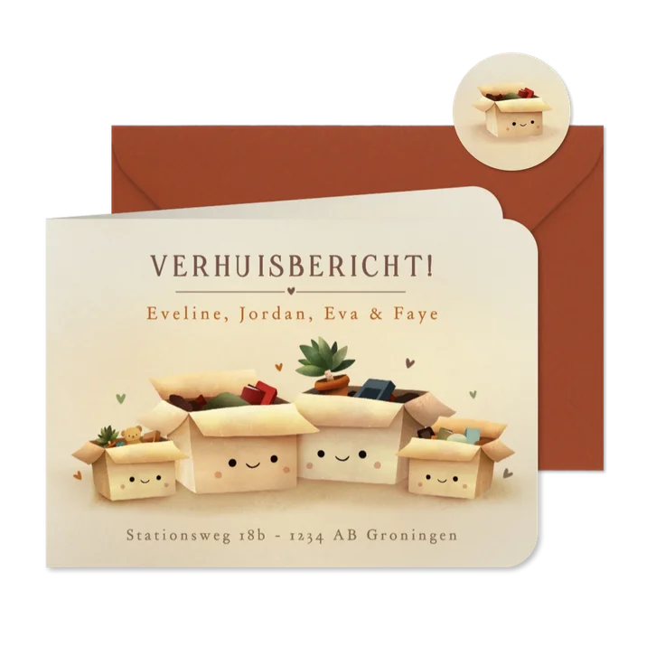 Verhuiskaart voor gezin met 4 verhuisdozen met gezichtjes