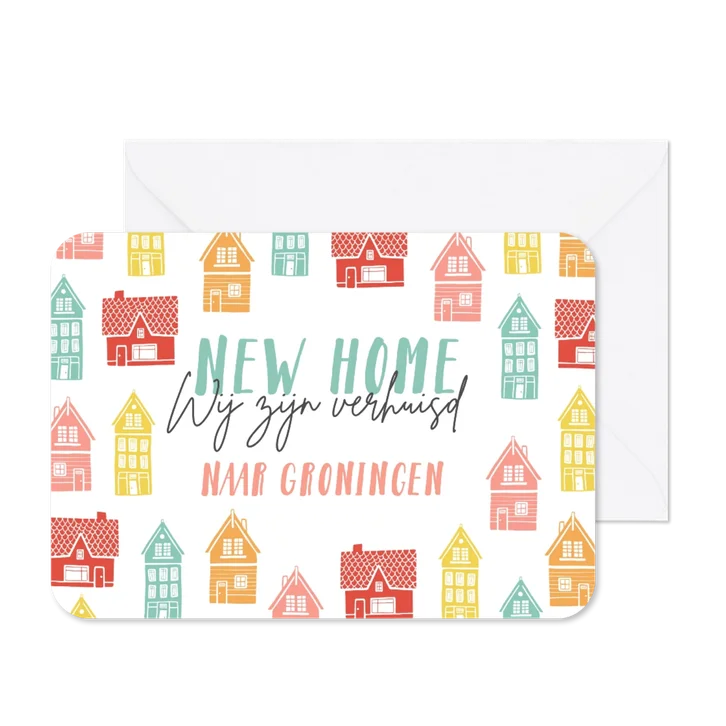 Verhuiskaart vrolijk kleurrijk huisjes new home 