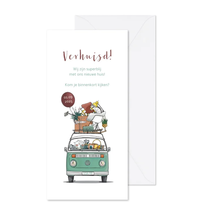 Verhuiskaart VW busje voorkant lang
