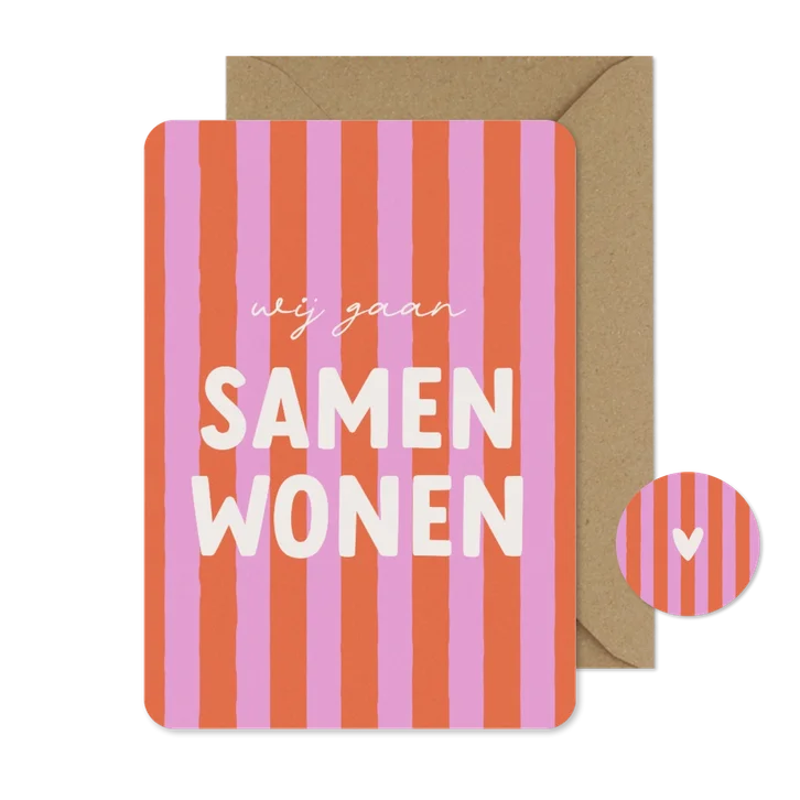 Verhuiskaart wij gaan samenwonen roze oranje gestreept