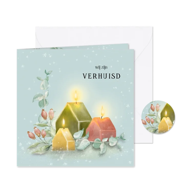 Verhuiskaart winters met huisjeskaarsen