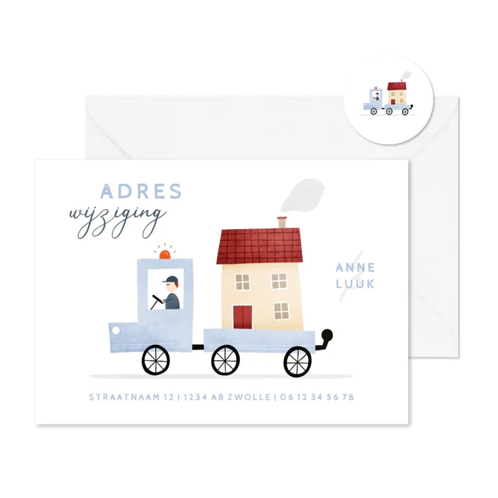Verhuiskaartje adreswijziging busje met huis