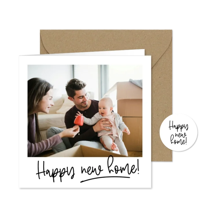 Verhuiskaartje grote foto kader happy new home geschreven
