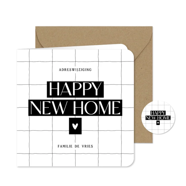 Verhuiskaartje happy new home wit met zwart en hartje