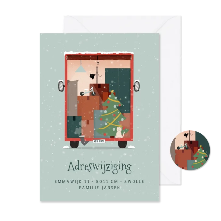 Verhuiskaartje kerst met verhuiswagen en sneeuw
