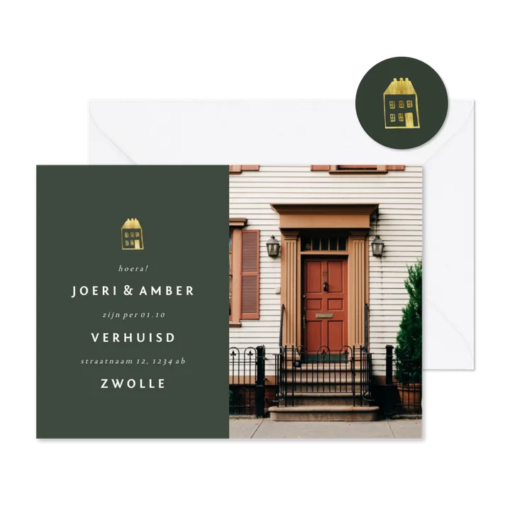 Verhuiskaartje met foto en gouden huisje