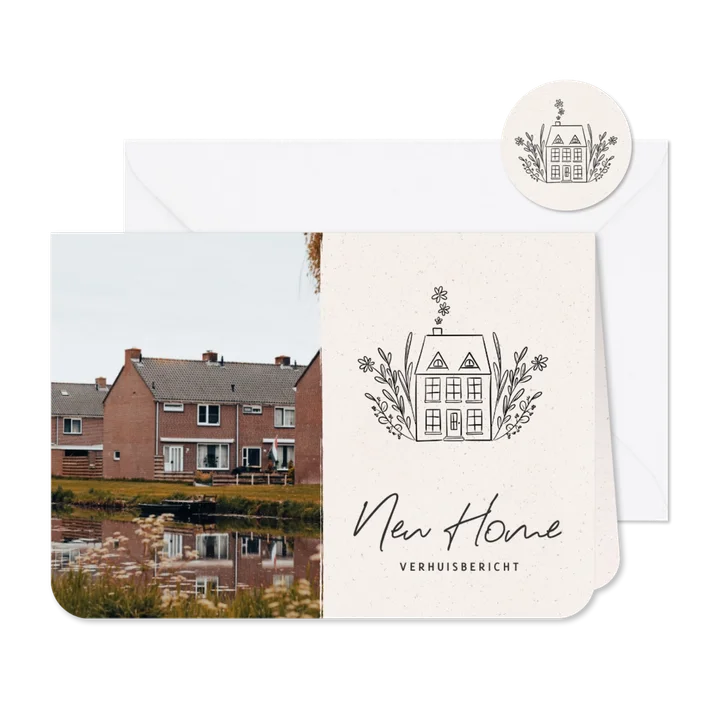 Verhuiskaartje met foto en illustratie huisje met bloemen