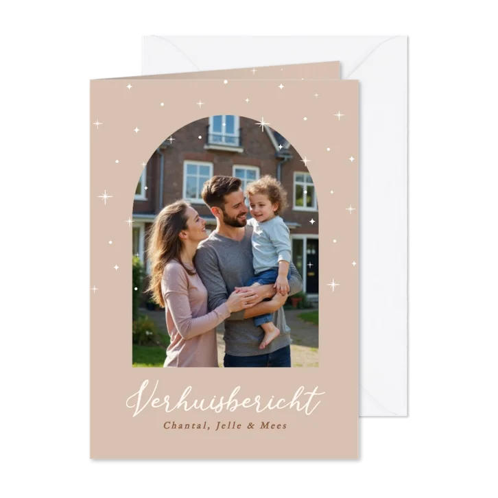 Verhuiskaartje met foto in boog beige met witte sterren