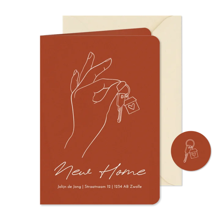 Verhuiskaartje roestbruin lijntekening hand sleutels