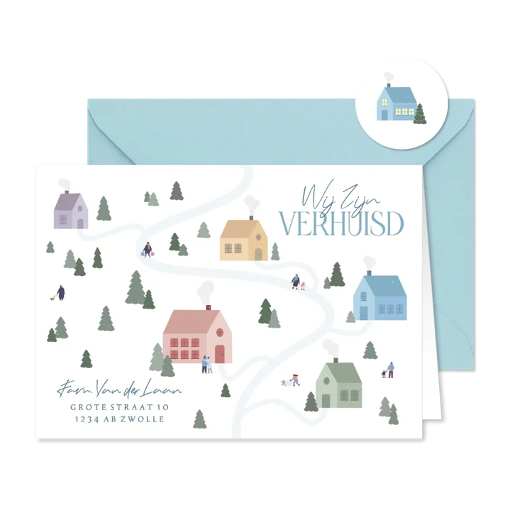 Verhuiskaartje winter met huisjes en dennenbomen