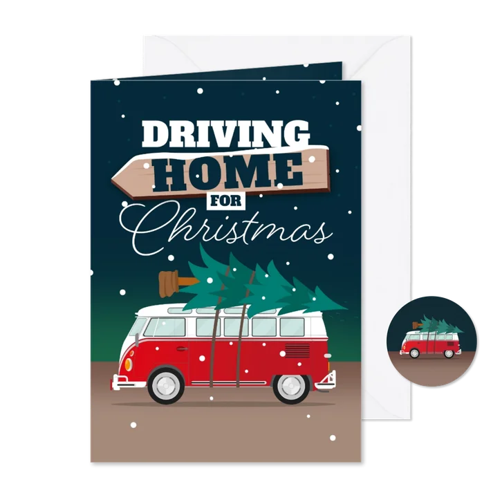 Verhuiskaartkerst kerstboom driving home for christmas busje
