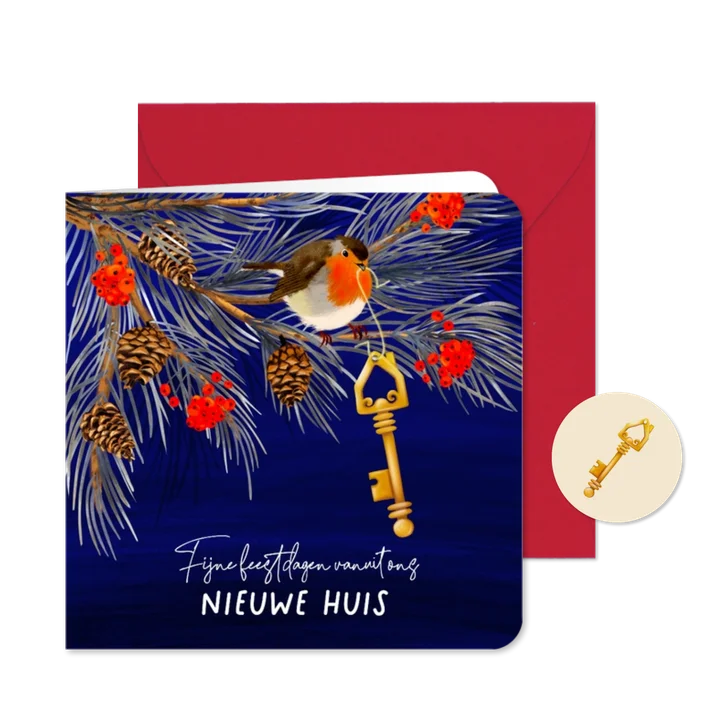 Verhuis(kerst)kaart roodborstje en gouden sleutel