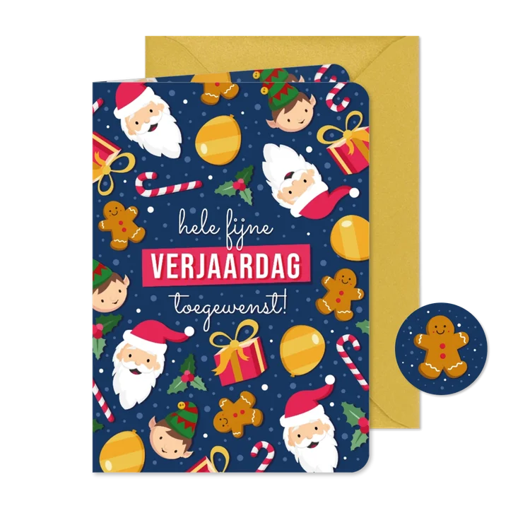 Verjaardag kerstkaart combi met vrolijke illustraties