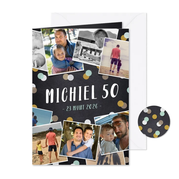 Verjaardag uitnodiging fotocollage krijtbord met confetti