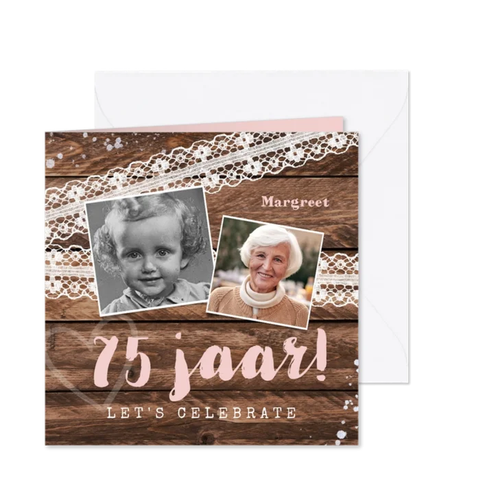Verjaardag uitnodiging hip hout vintage kant met foto's