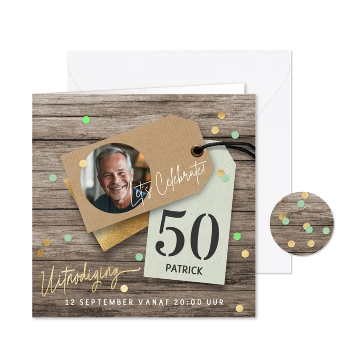 Verjaardag uitnodiging man foto labels hout