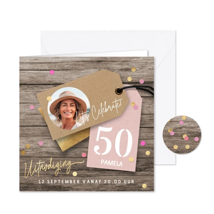 Verjaardag uitnodiging vrouw foto labels hout